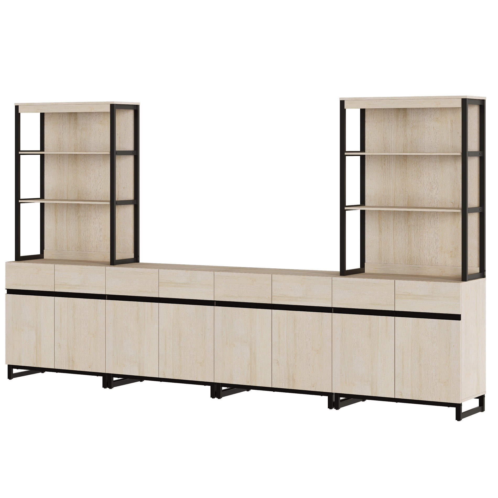 Modern 72" Tall 3 Tier Wood Bookshelf with Storage Cabinets, Adjustable Shelf & Door, Large Display Library Bookcase for Home Office, Living Room, Beige