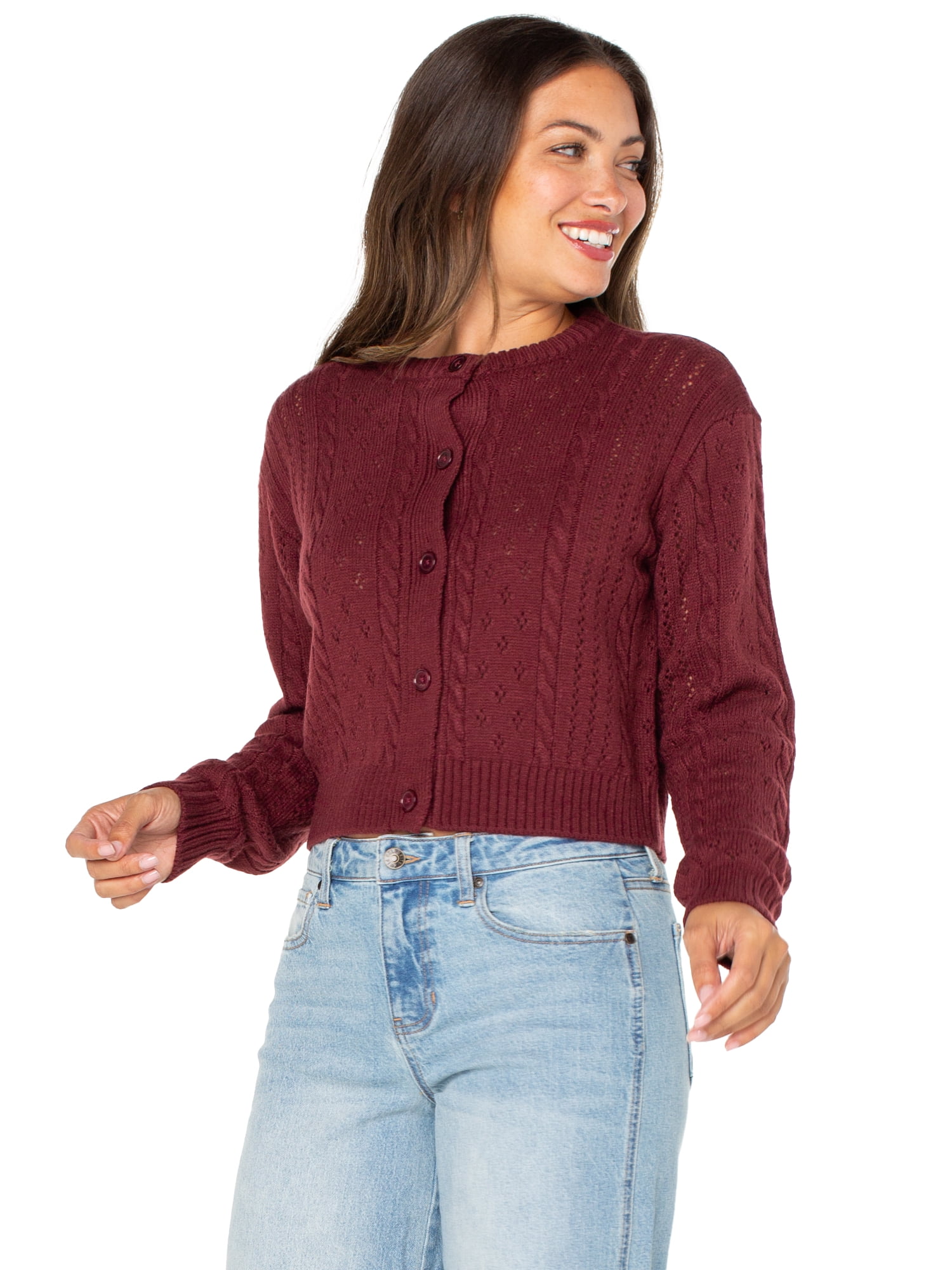 Celebrity Pink Women's Pointelle Crewneck Cardigan Sweater, Sizes XS-XXXL