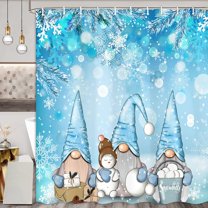 Blue Christmas Shower Curtain, Cute Winter Xmas Snowman Gnomes for Kids Shower Curtains for Bathroom Decor Accessories, White Snowflake Farmhouse Winter Holiday Fabric Bath Curtains with Hooks 72X72