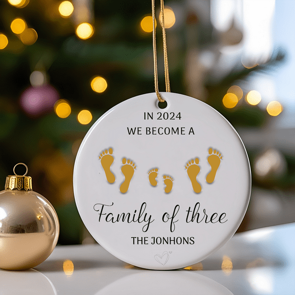 Personalized 2024 Family of Three Ceramic Ornament, Baby's First Christmas Keepsake, Hanging Christmas Tree Decoration, New Parents Gift, Holiday Ornament