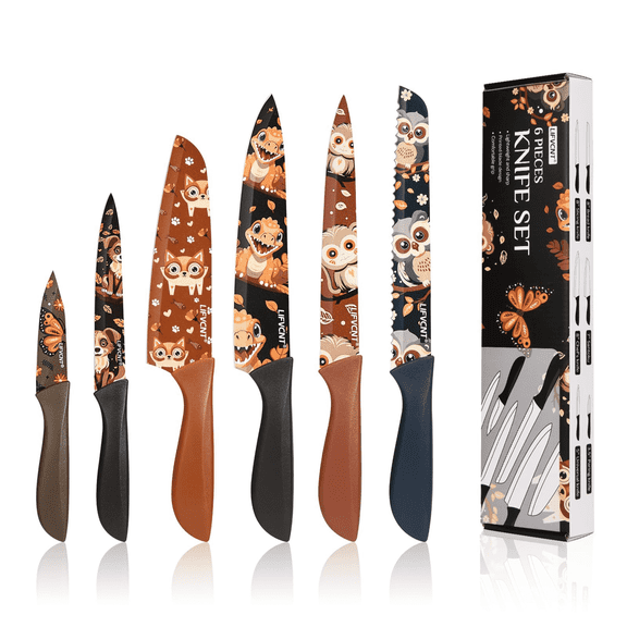 LIFVCNT 6-Piece Animal Pattern Kitchen Knife Set, High Carbon Stainless Steel, Nonstick Coating, Gift Box