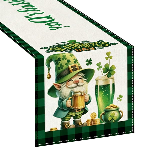 St Patricks Day Table Runner And Tablecloth Set, Green Printed Polyester Fabric with Bohemian Openwork Design, 70.8 x 13 Inches for Dining Table Decor, Kitchen Sideboard,