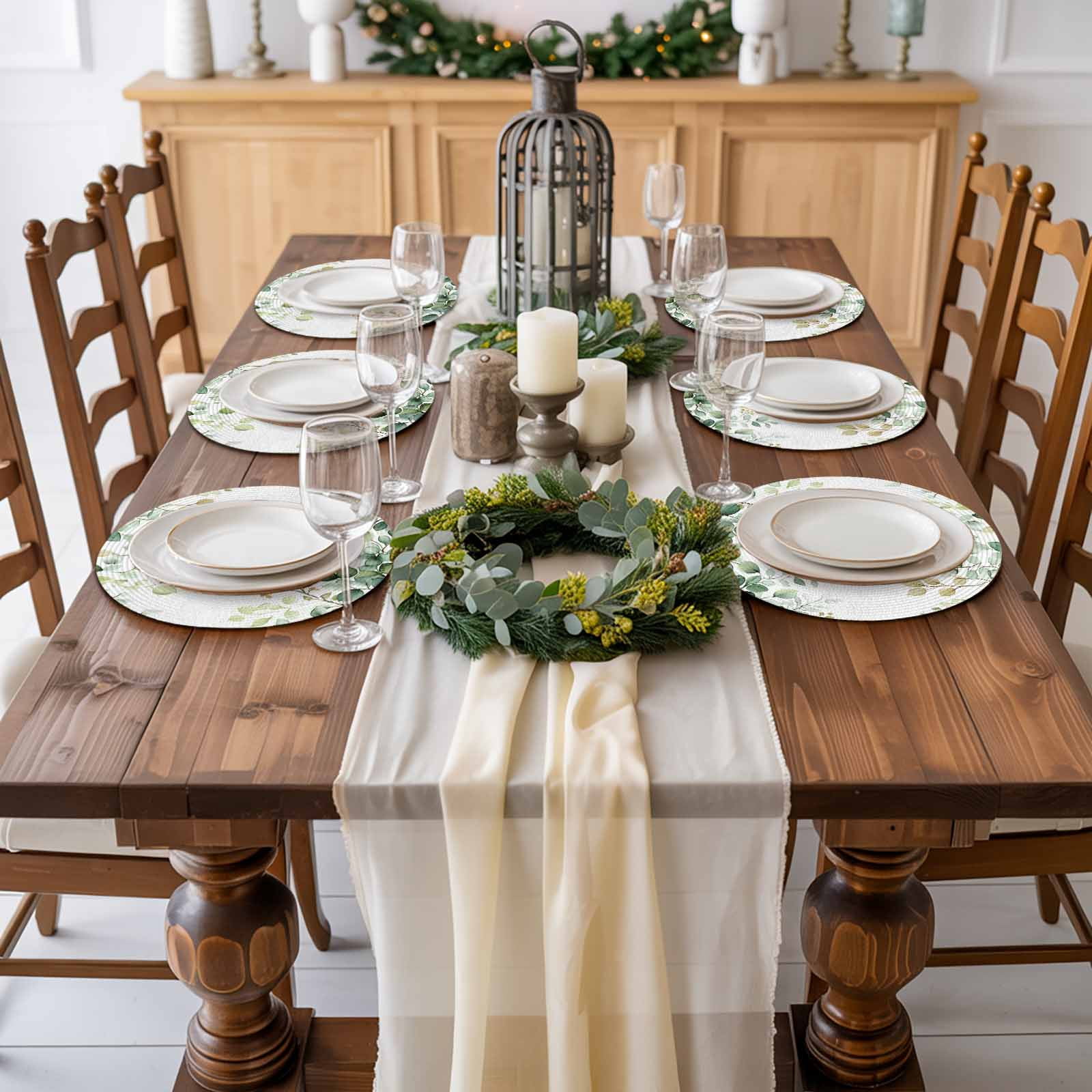 Eucalyptus Round Placemats Set of 8 for Dinning Tables,Heat-proof Braided Table Mats 15 Inch,Sage Green Brown Leaf Boho Minimalist White Washable Place Mat for Kitchen Restaurant Party Table Decor