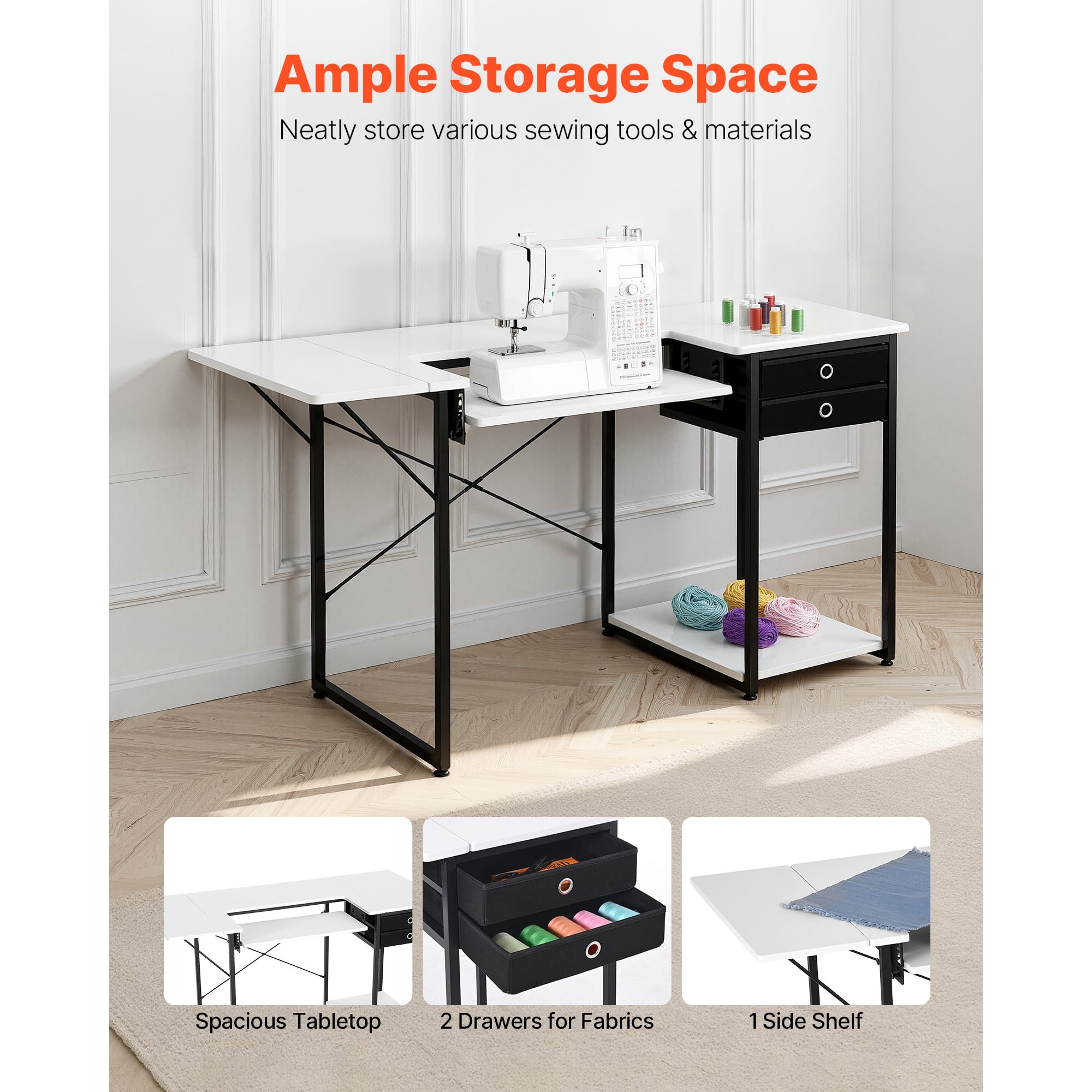 KFFKFF Multipurpose Sewing Machine Table with Drawers, Foldable Side Shelf, Adjustable Storage, Steel Frame, Versatile Desk for Home, Studio, or Educational Use