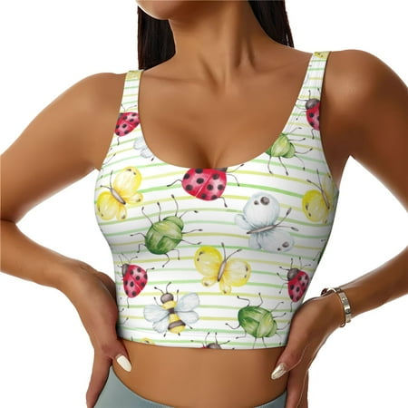 Qokaie Insects Pattern Womens Scoop Neck Sports Bra Breathable Workout Vest Padded U Back Medium Impact Fitness Gym Yoga Bra Workout Crop Top-Medium