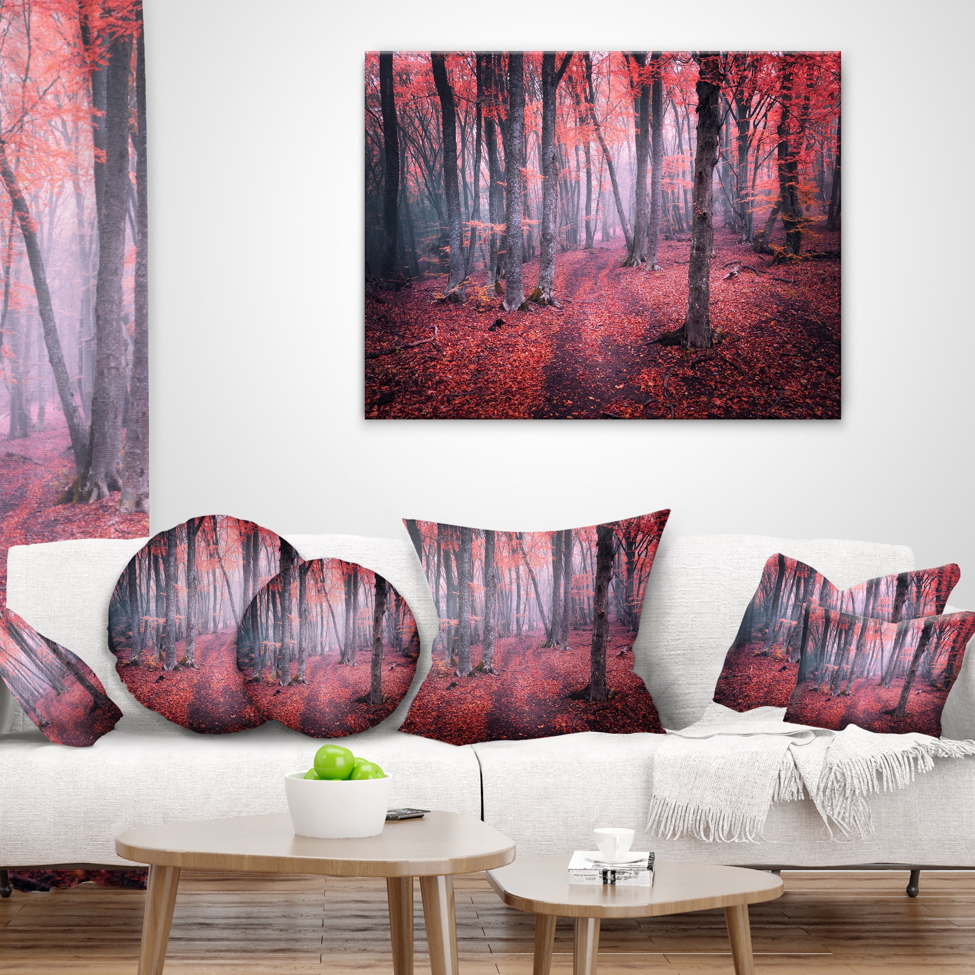 Designart Mysterious Fairytale Red Wood - Landscape Photography Throw Pillow - 16x16