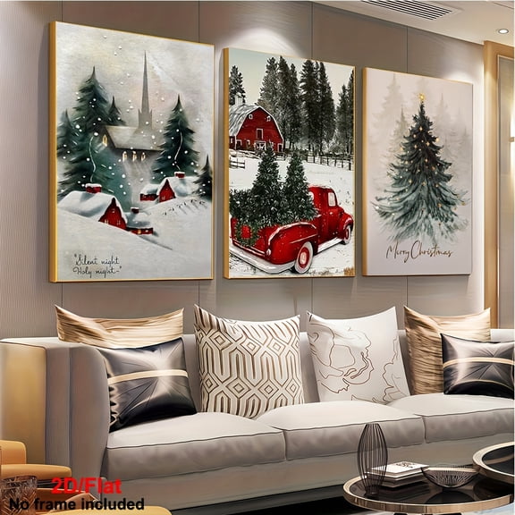 3pcs Christmas Tree & Red Truck Canvas Wall Art - Modern Farmhouse Decor with Winter Scenes, Frameless Canvas Prints for Living Room, Dorm, Office - Holiday Decoration by Pamela Ascherson, Thing For
