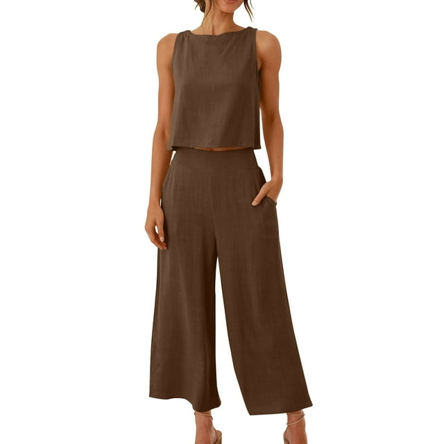 Ensemble en Lin pour Femmes Ensembles de Pantalons en Lin pour Femmes Ensemble de Vêtements 2 Pcs Femme Col Rond Hauts Sans Manches Ensembles de Pantalons Style Pantalon Décontracté S_124 Survêtements pour Femmes Café L