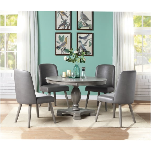 JERFIT 5-Piece Round Dining Set with Pedestal Table and PU Leather Upholstered Chairs, Gray Oak Finish