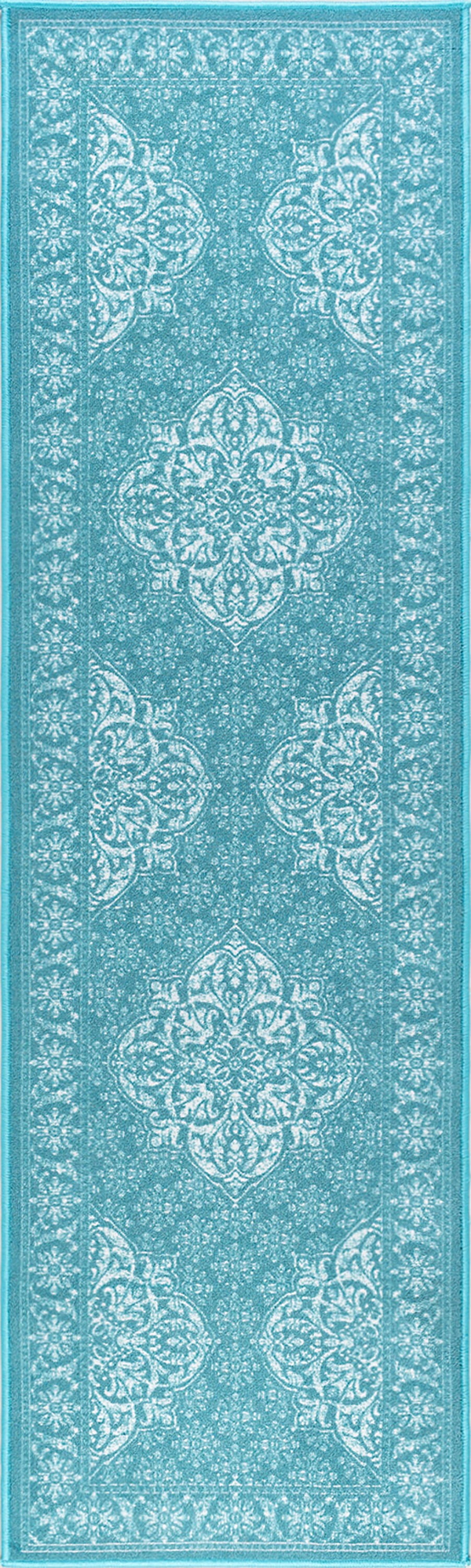 Traditional 2x8 Area Rug (2'3'' x 7'6'') Oriental Teal, White Indoor Runner Easy to Clean