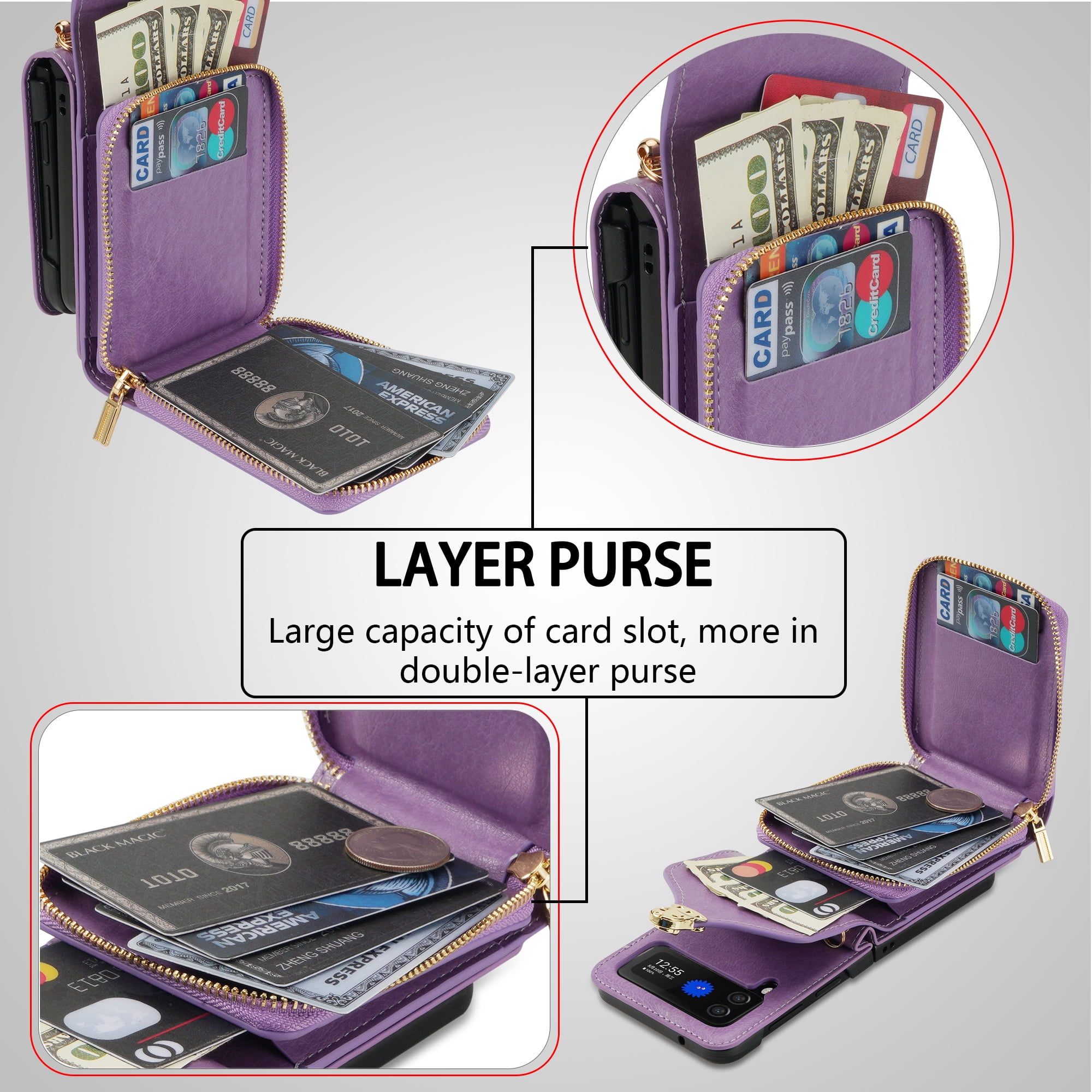 Handbag Wallet Case for Samsung Galaxy Z Flip 6 with Shoulder Strap, with Back Card Slots Holder PU Leather Magnetic Snap Zipper Flip Purse Shockproof Phone Cover for Galaxy Z Flip 6 - Purple
