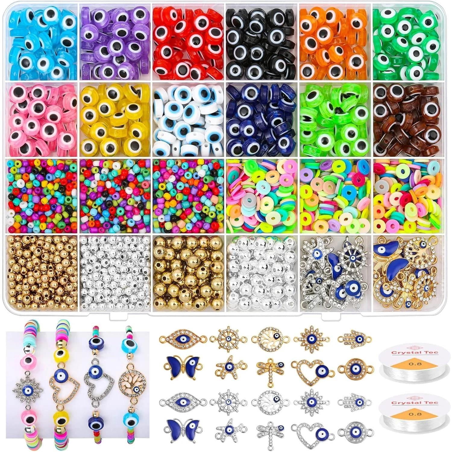 Evil Eye Charms/bracelet Making Kit With Glass Seed Clay Beads And Elastic Strin