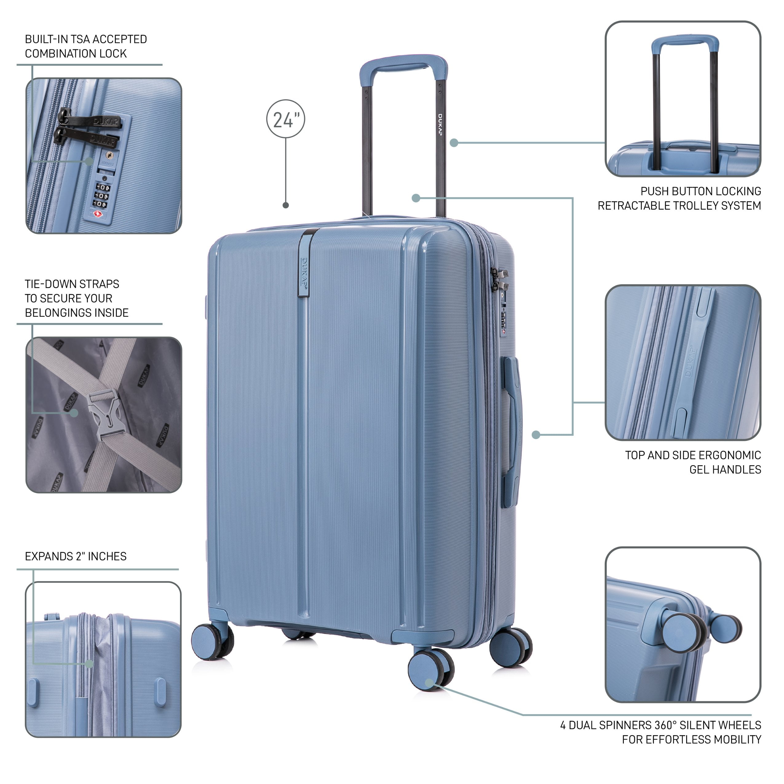 DUKAP AIRLEY 24" Lightweight Hardside Checked Luggage with Spinner Wheels, Handle and Trolley, Blue