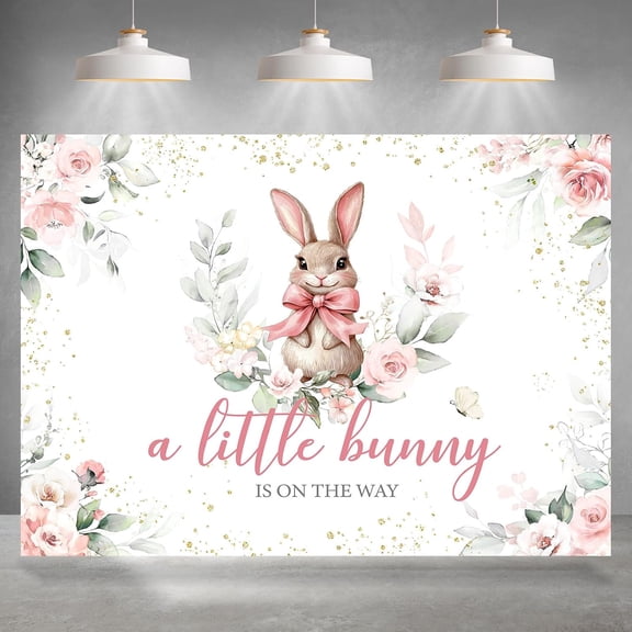 7x5FT Bunny Baby Shower Backdrop A Little Bunny is On The Way Photography Background for Girls Pink Floral Spring Easter Newborn Shower Birthday Party Decorations Banner Photo Booth Props