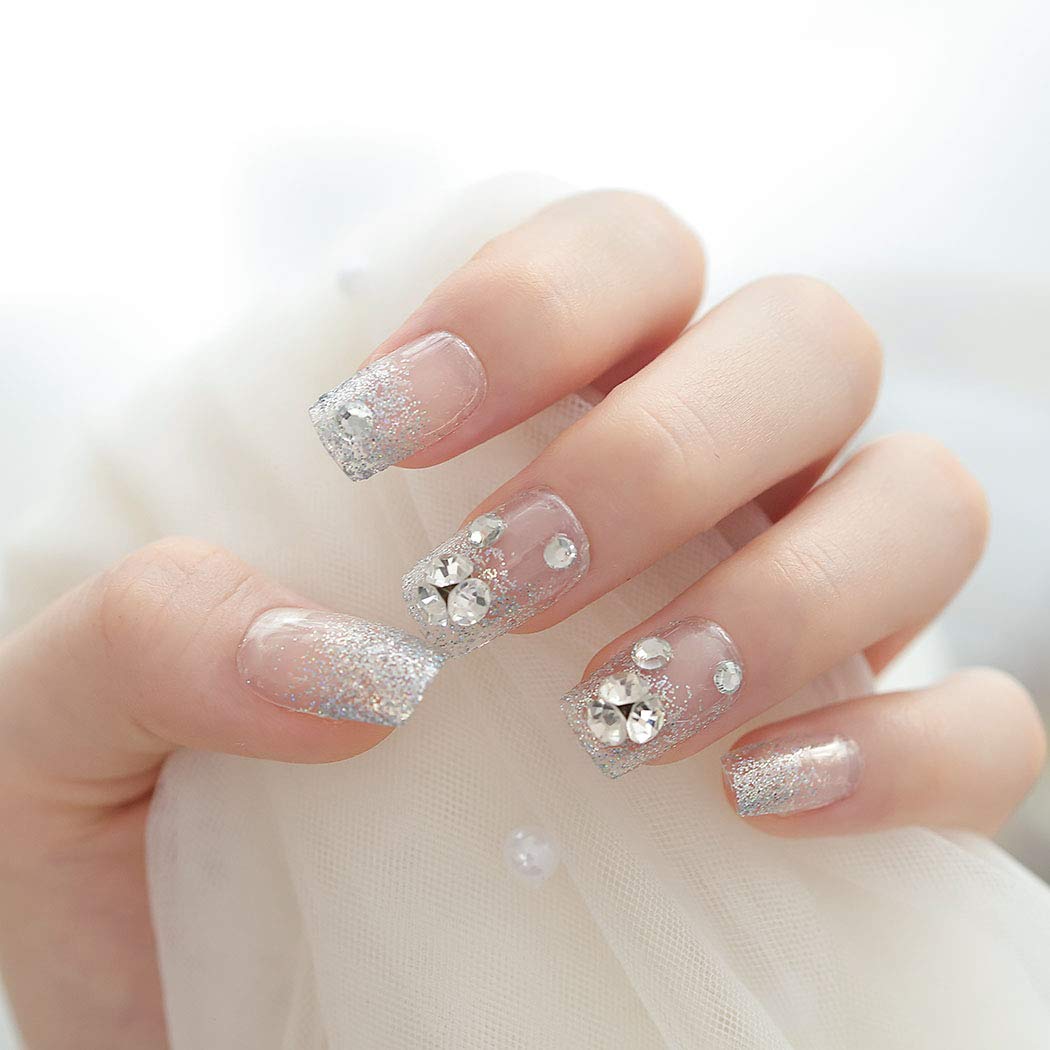 French Press On Nails Long Square Fake Nails Glitter Crystal False Nails Full Cover Wedding Party For Women And Girls 24pcs Walmart Com Walmart Com