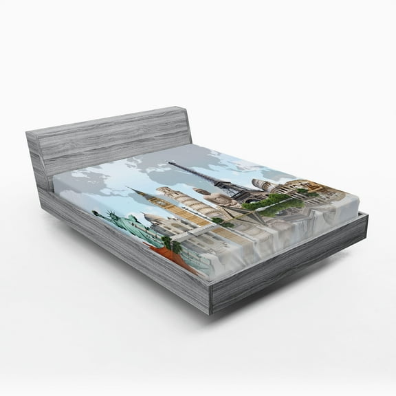 Ambesonne World Map Fitted Sheet, Landmark Buildings Photo, Queen Size, Multicolor