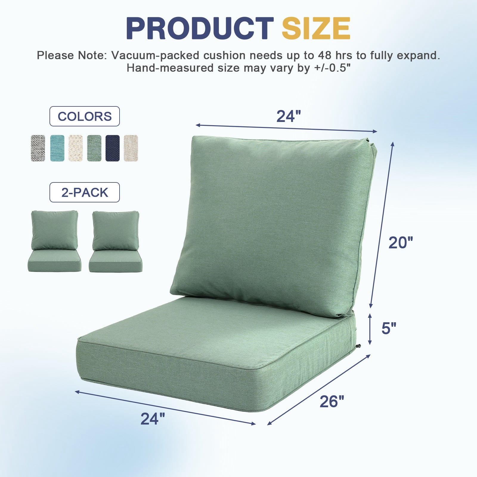 Aoodor 24 x 26 Inch Outdoor Seat Cushion Set of 2, Water-Resistant & Fade Resistant Deep Seat and Back Cushion with Removable Cover for Patio Furniture Chair, Sofa and Couch, Forest Green