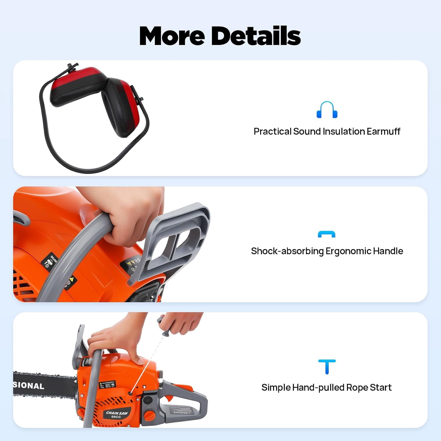 Miumaeov 60CC Gas Chainsaws,2 Stroke Power Chain Saws,22 Inch Petrol Gasoline Chain Saw,Single Cylinder,Air-cooled,Hand Pull Start for Forest Harvesting,Cutting Wood