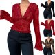 thumbnail image 1 of Tops de verano para mujer,Blusa de malla de encaje con escote en V para mujer, túnica con mangas acampanadas, poliéster, informal y cómoda, para uso diario, sopatenor, 1 of 9