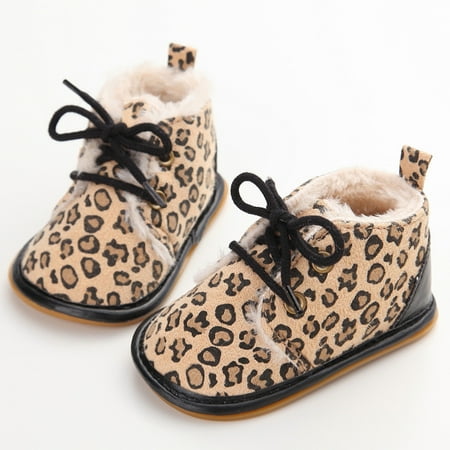 

Seyurigaoka Baby Fashion Anti-slip Snow Booties with Rubbers Winter Warm Leopard Solid Fur Boots Lace Up Soft Sole Shoes 0-18M