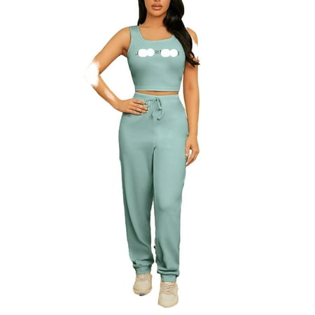 

Women s Pajama Sets Cadet Blue Casual Letter Scoop Neck Pant Sets Sleeveless