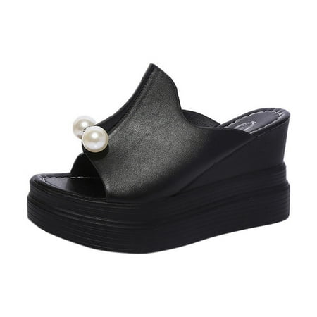 

LBS Women s Ladies Slippers Thick-Bottom Solid Pearl Waterproof Wedge Sandals Shoes