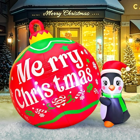 5FT Christmas Inflatables Outdoor Decorations Penguins Push Ball Merry Christmas Blow up Yard Decorations with LED Light for Xmas Outdoor Holiday Party Garden Lawn Winter Décor
