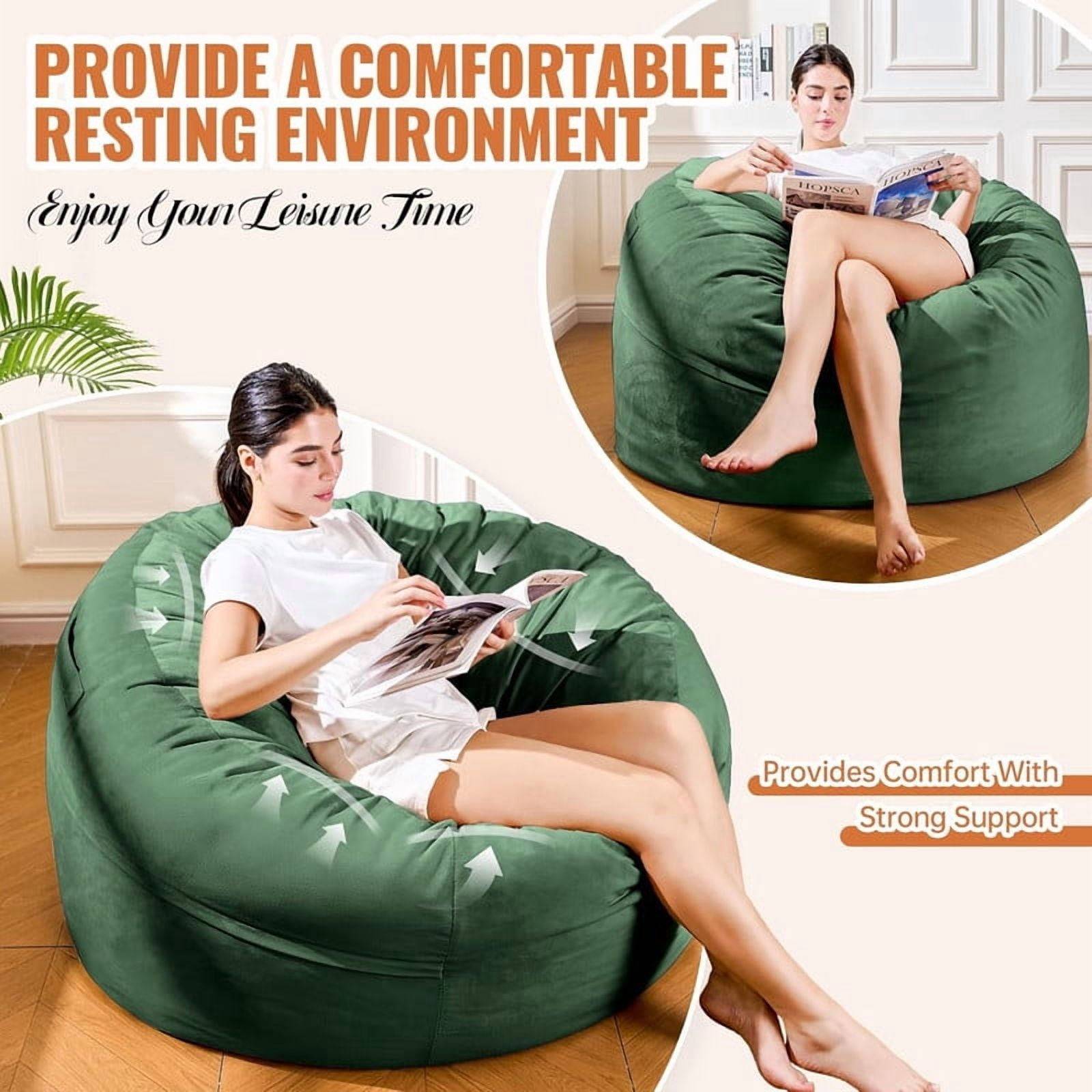 MOOSENG 4FT Bean Bag Chair, Comfy Bean Bag for Adults & Kids, Fluffy Large Bean Bag Sofa with Removable Cover & Side Pocket for Living Room, Gaming, Playroom