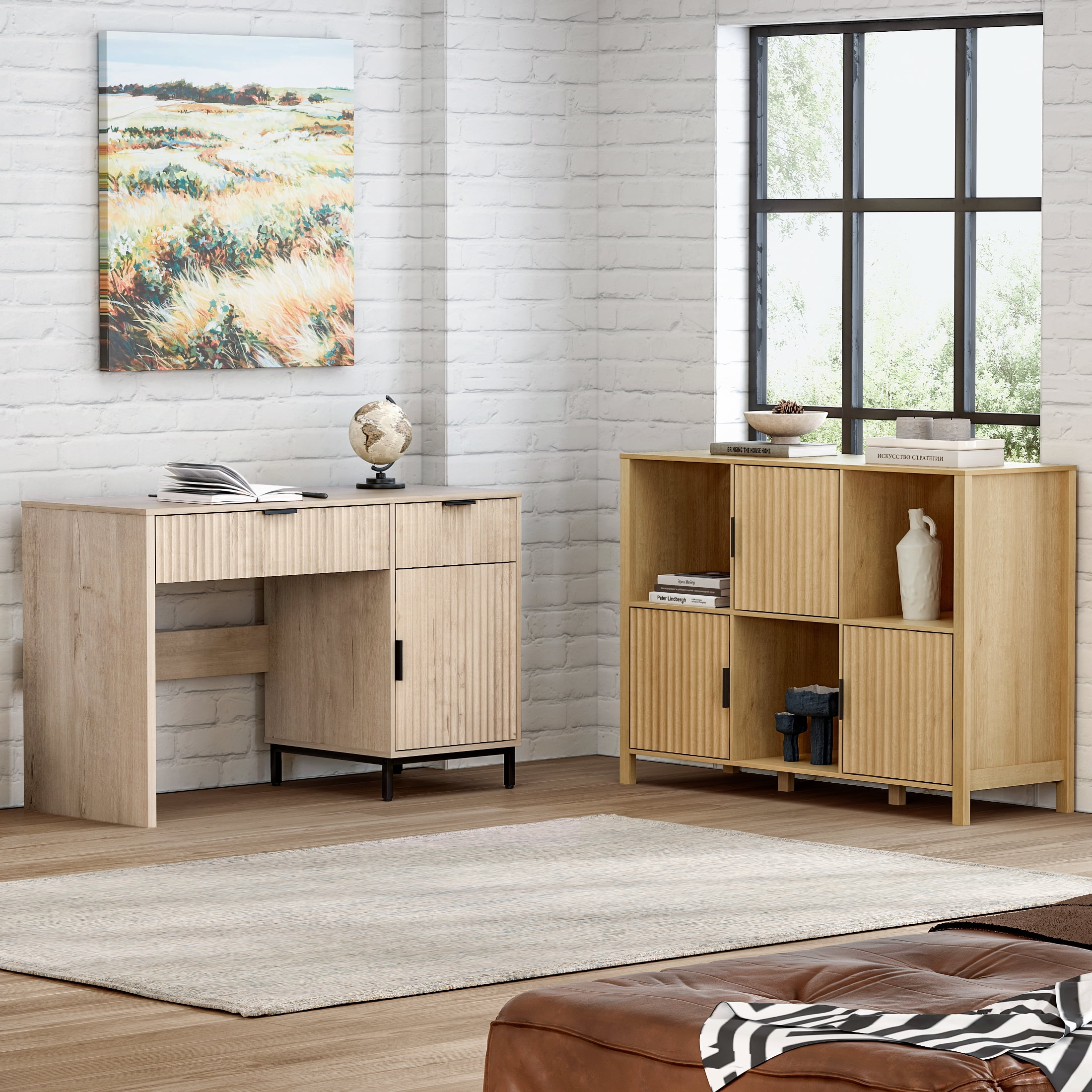 EYYTHUNG 47" Fluted Executive Desk, Modern Wood Home Office Desk with Charging Station, Drawer & Cabinet, Computer Writing Desk