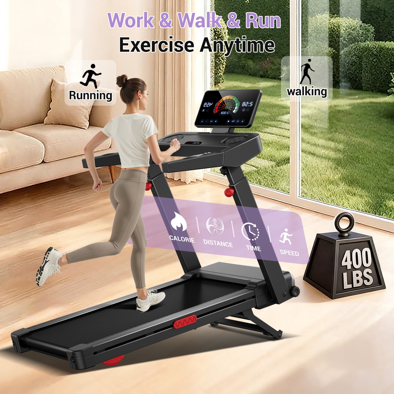 SONITU 16% Auto Incline Treadmill, Foldable with 3-Level Console, Quiet 3.5 HP Motor, 400 lbs Weight Capacity