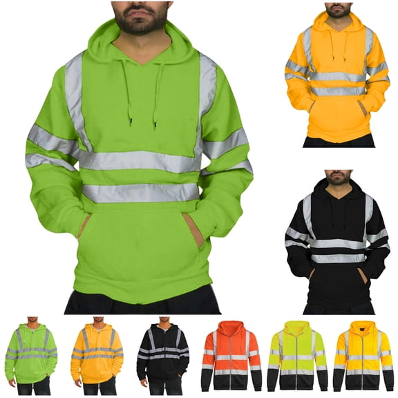 lcziwo Safety Hoodie Jacket for Men Zip Up High Visibility Reflective Sweatshirts Outdoor Long Sleeve Hi Vis Work Tops, Green, XXL