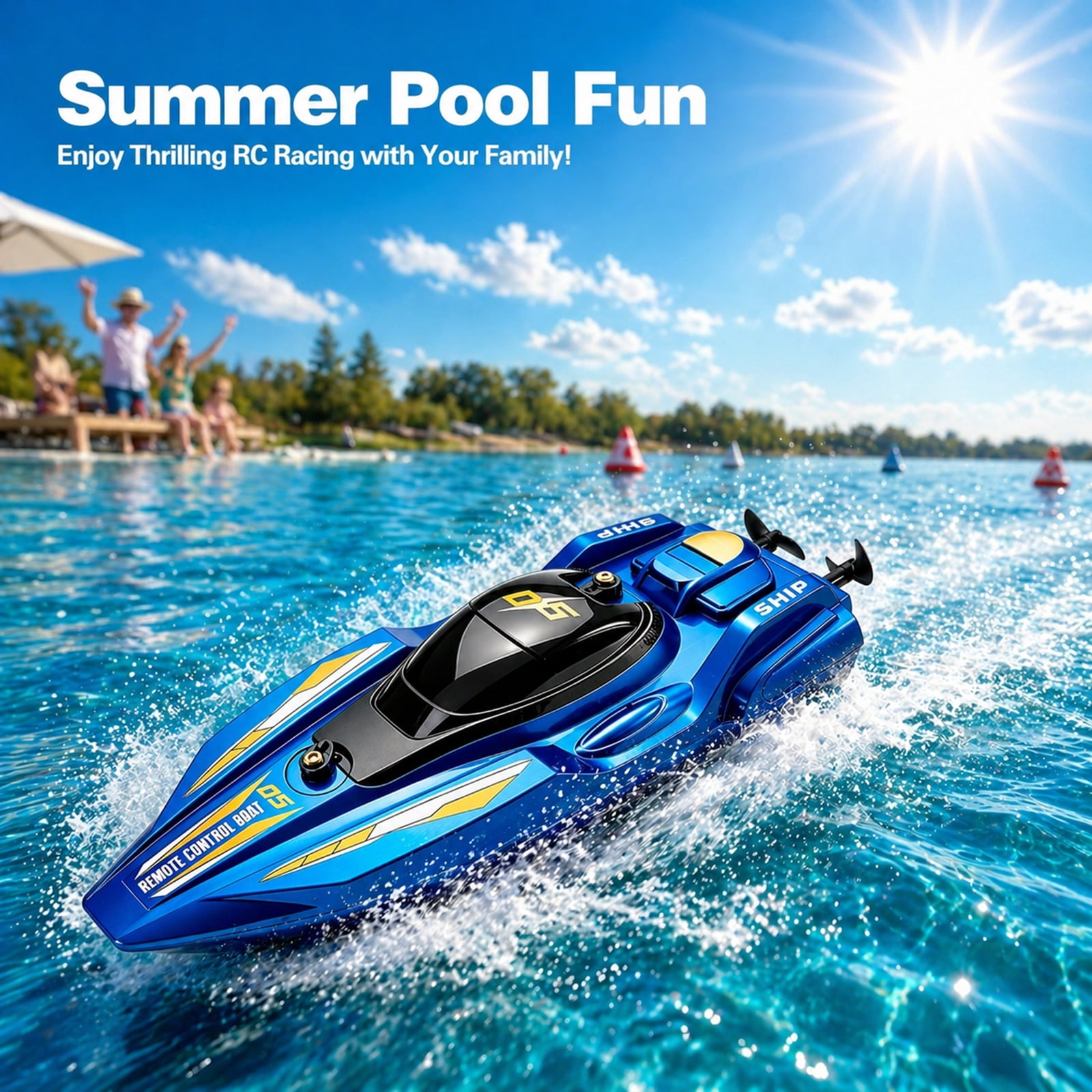 Funtogether High Speed Remote Control Boat for Pools and Lakes, 2.4GHz Waterproof RC Speedboat with Dual Motors, Blue