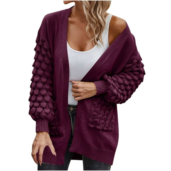 Jalioing Knitted Cardigan for Women Balloon Sleeve Open Front Solid Color Casual Sweater with Pockets (X-Large, Wine)