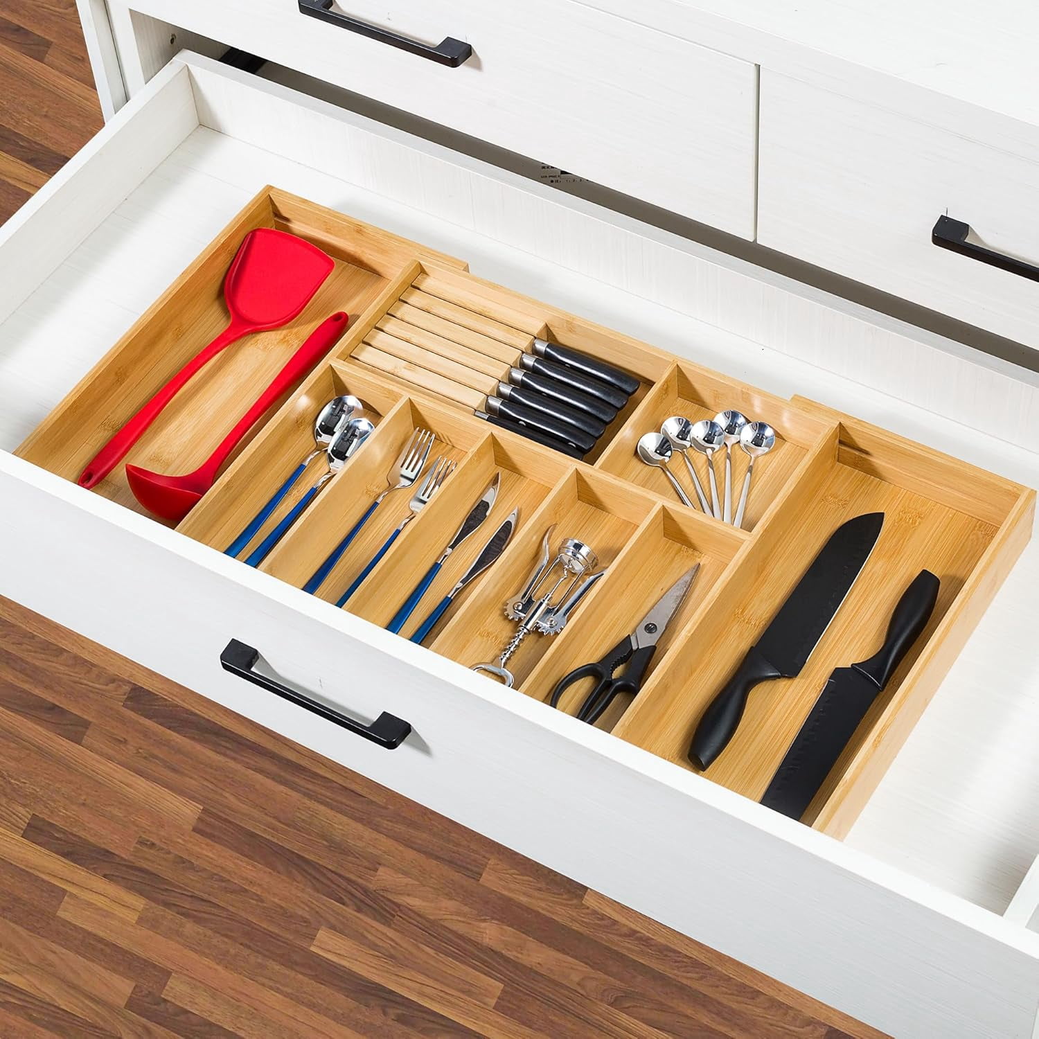 Utoplike Extra Large Kitchen Drawer Organizer, Bamboo Utensil Organizer with Removable Knife Block, Expandable Cutlery Tray