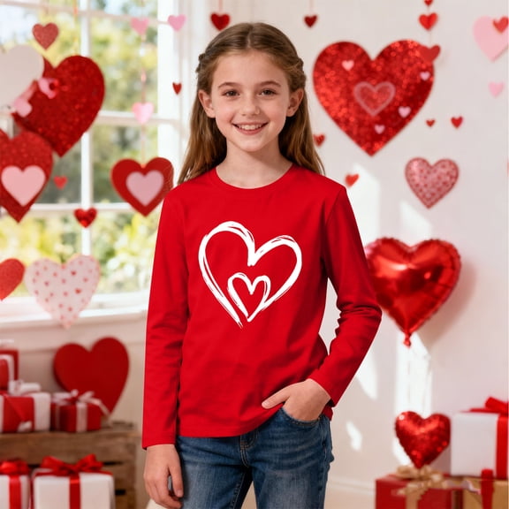 Girls Valentine's Day Long Sleeve Shirt Red Heart Print Graphic Crewneck Tee for Kids Kids to Big Kids Age 3-14 Years,Size 9-10 T