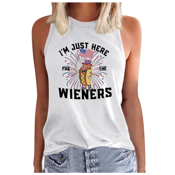 Wang6 Womens 4th of July Loose Tank Tops Summer I Am Just Hear for the Wieners Letter Printed Sleeveless Tops Causal Crew Neck Graphic Tshirts 0526liWhite XL