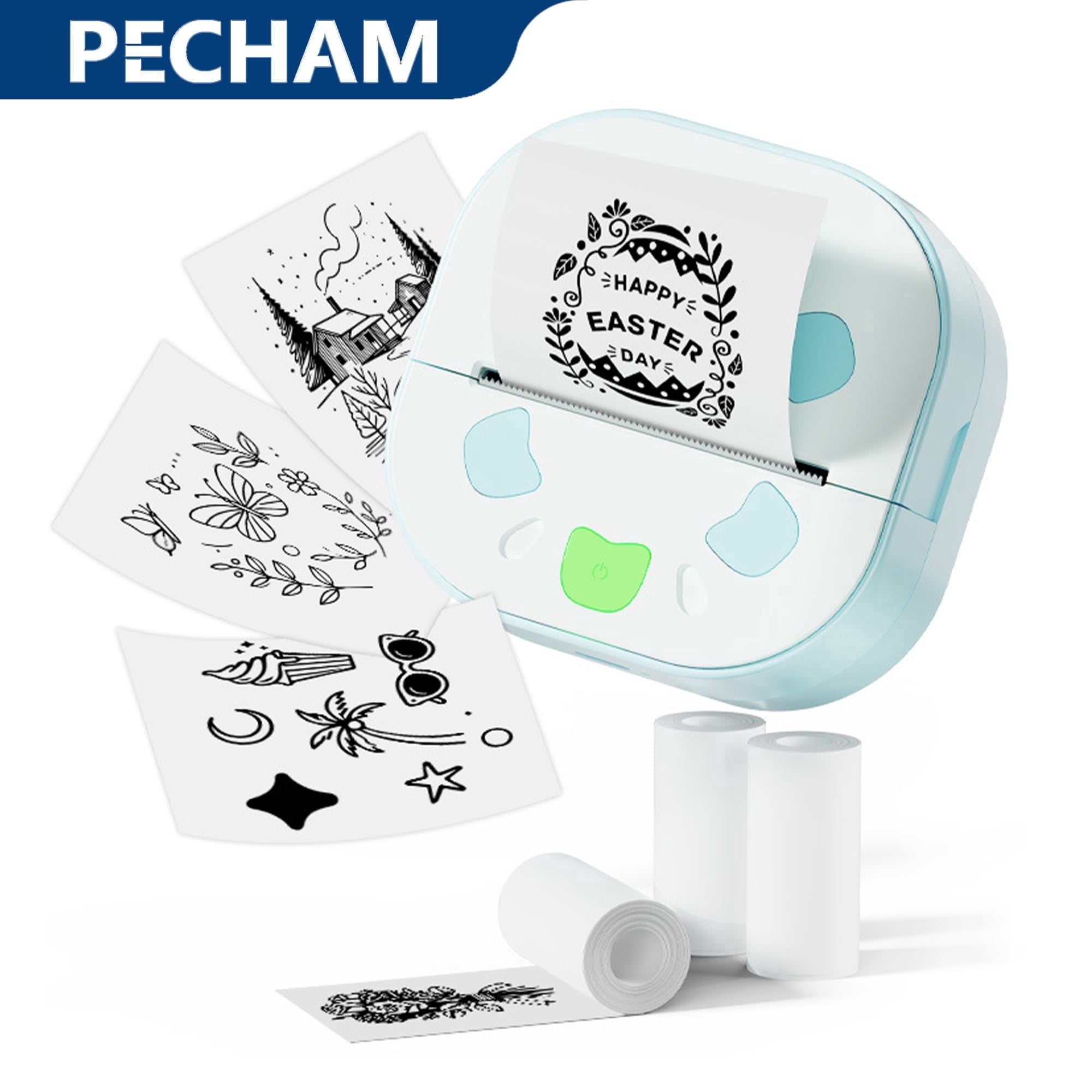 Pecham Sticker Printer, Portable Bluetooth Inkless Thermal Mini Printer with 3 Rolls for Notes, Gifts, Journals, Planners, Scrapbooking