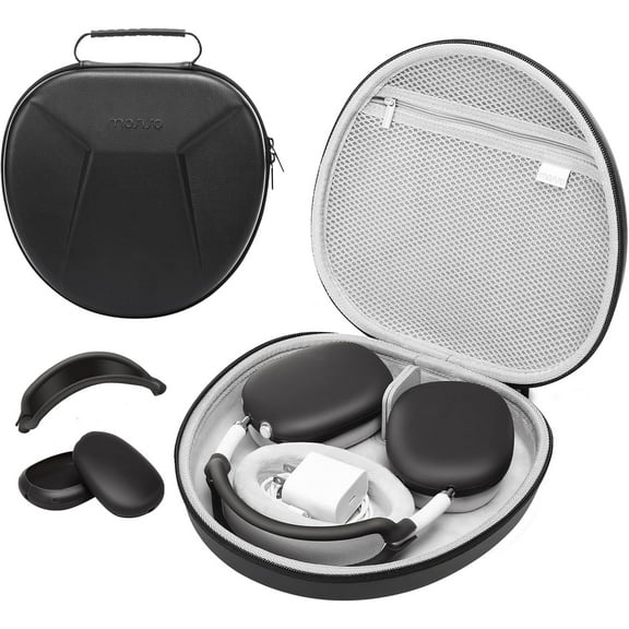 Mosiso Smart Hard Case for AirPods Max Supports Sleep Mode, Organizer Portable Travel Cover Storage Bag with Silicone Earpad Cover & Headband Cover Anti-Scratch Accessories, Black