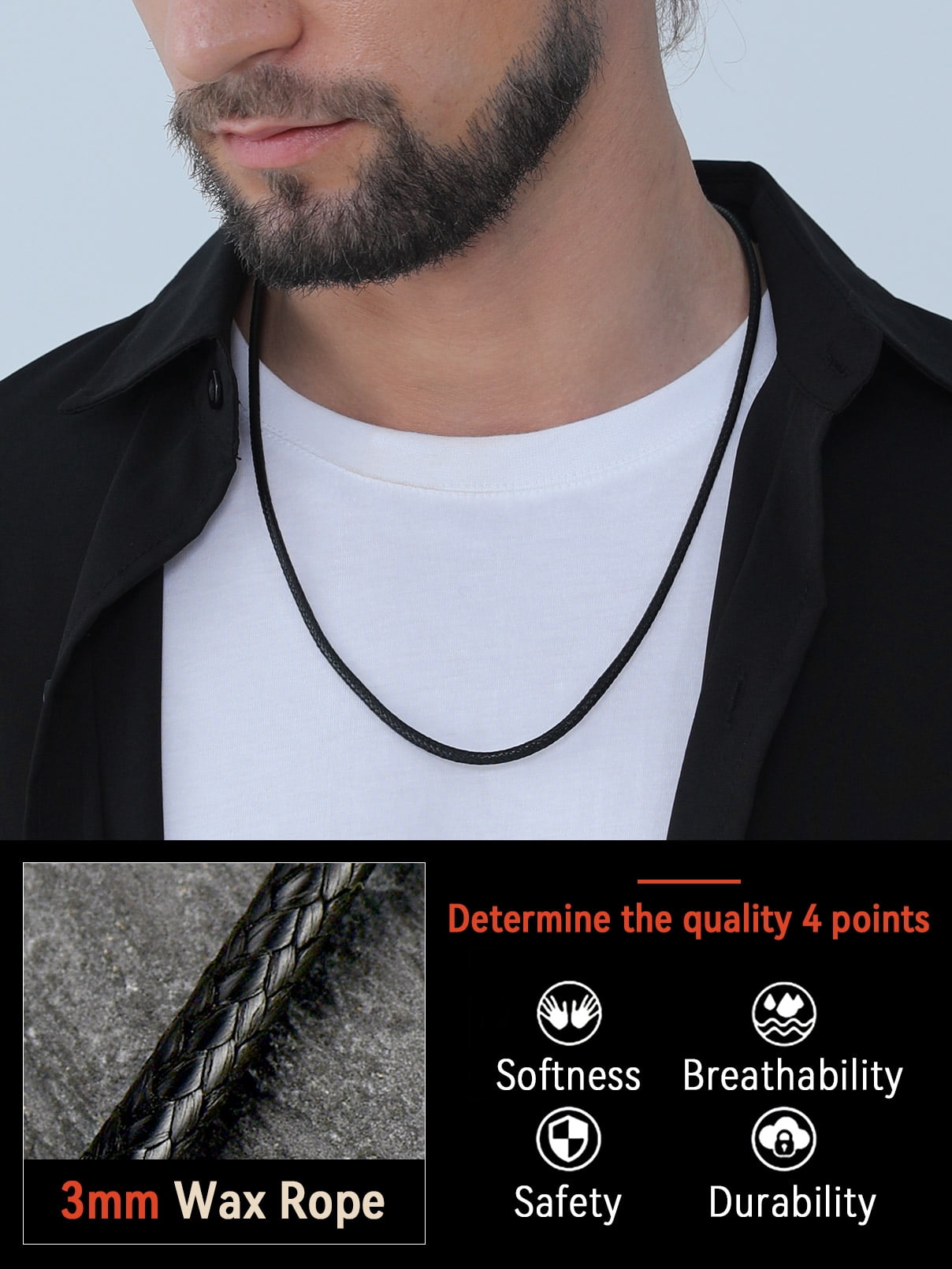 FaithHeart Braided Leather Cord Necklace for Men Women Stainless Steel Black Snap Clasp, 3MM Waterproof Black Woven Wax Rope Chain for Pendant Jewelry Gift for Boyfriend Valentine's Day