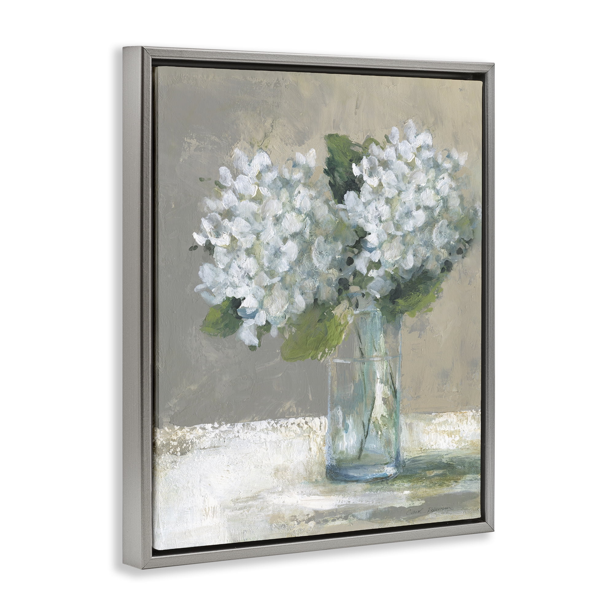 Stupell Industries White Hydrangeas Glass Vase Gray Framed Floater Canvas Wall Art, design by Carol Robinson