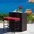 thumbnail image 1 of Patiojoy 3PCS Patio Wicker Rattan Bar Set Table w/2 Red Cushioned Stools, 1 of 10