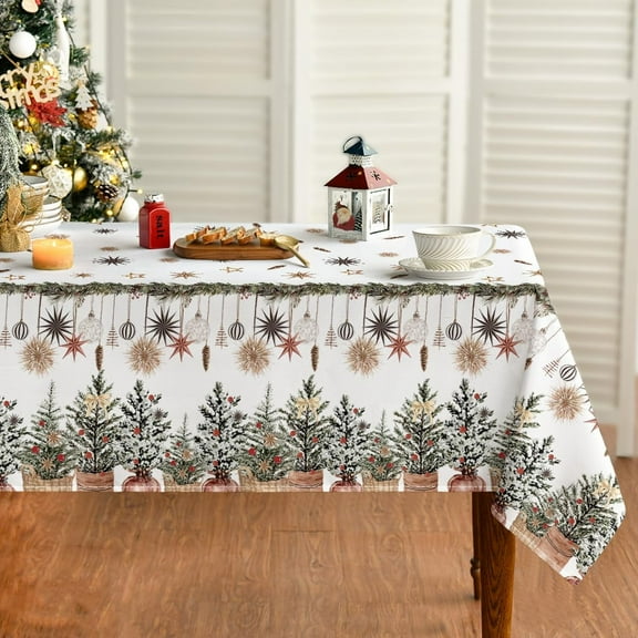 Christmas Tablecloth 60×60 Inch Square, Christmas Trees Ball Ornaments Washable Table Cover for Party Picnic Dinner Decor