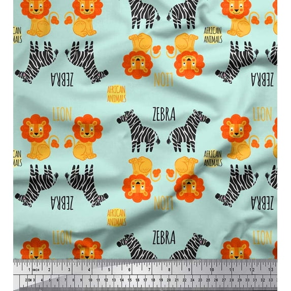 Soimoi Green Cotton Duck Fabric Text,Wild Animal & Lion Kids Print Fabric by Yard 42 Inch Wide