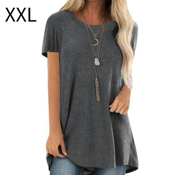 Sonducket Camisa de mujer con cuello y manga corta en color liso Prendas para la parte del cuerpo Gris XXL