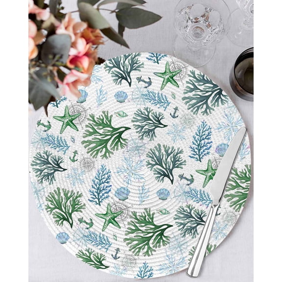 13 Inch Round Placemats Set of 4, Sage Green Coastal Non Slip Heat Insulation PP Table Mats, Coral Starfish Seaside Summer Beach Washable Place Mats for Kitchen Dining Party Table Decor