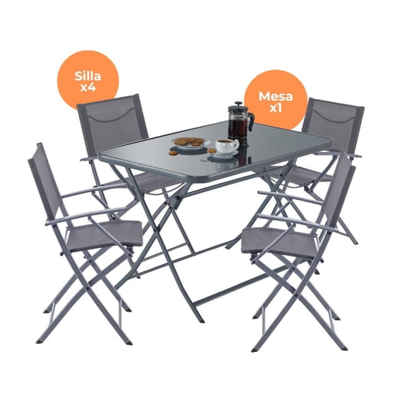 Set de Comedor Naterial Mesa + 4 Sillas Plegables con descansabrazos acero exterior modelo Emys
