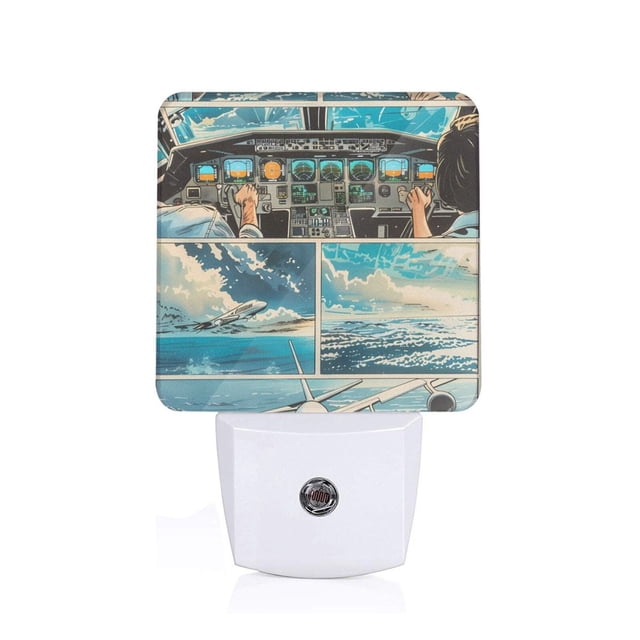 Fotbe Comic Airplane Cockpit Illustration Luz Nocturna LED, Luz de Noche con Sensor de Luz Natural de Anochecer a Amanecer, Se Enchufa a la Pared, Blanco Cálido 0.5W-UK