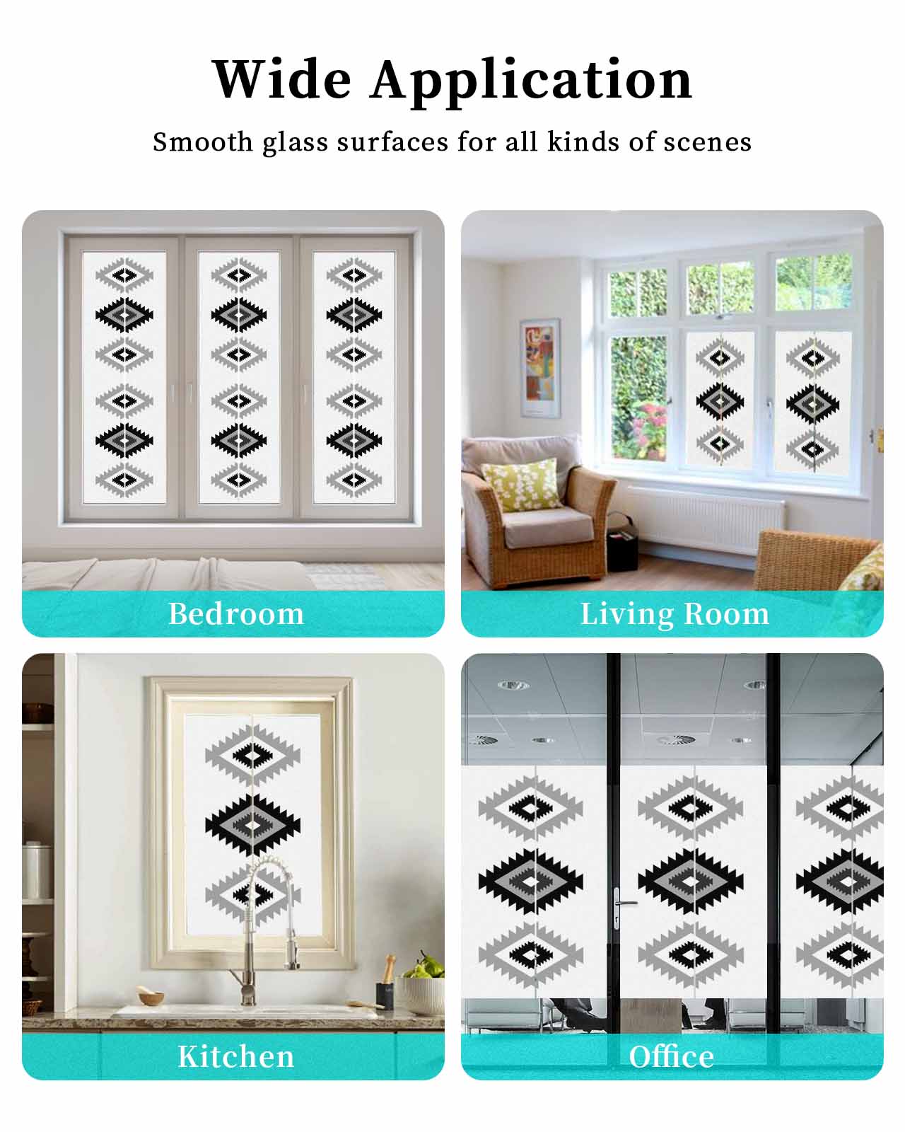 Window Privacy Film, Black White Boho Aztec UV Sun Blocking Window Tint Film Heat Control One Way Blackout Window Film, Morocco Mexican Geometric Bohemian Non Adhesive Static Cling Sticker 23.6x59 In