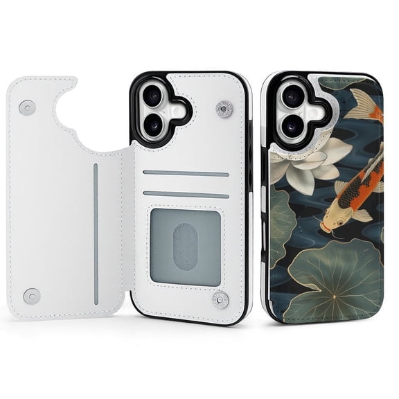 Wallet Case For Apple iPhone Air / 17 Pro / 17 Pro Max Series with Card Holder, PU Leather Kickstand Card Slots Screen Protector Included For iPhone 17 Series, Koi Fish Vintage Lotus