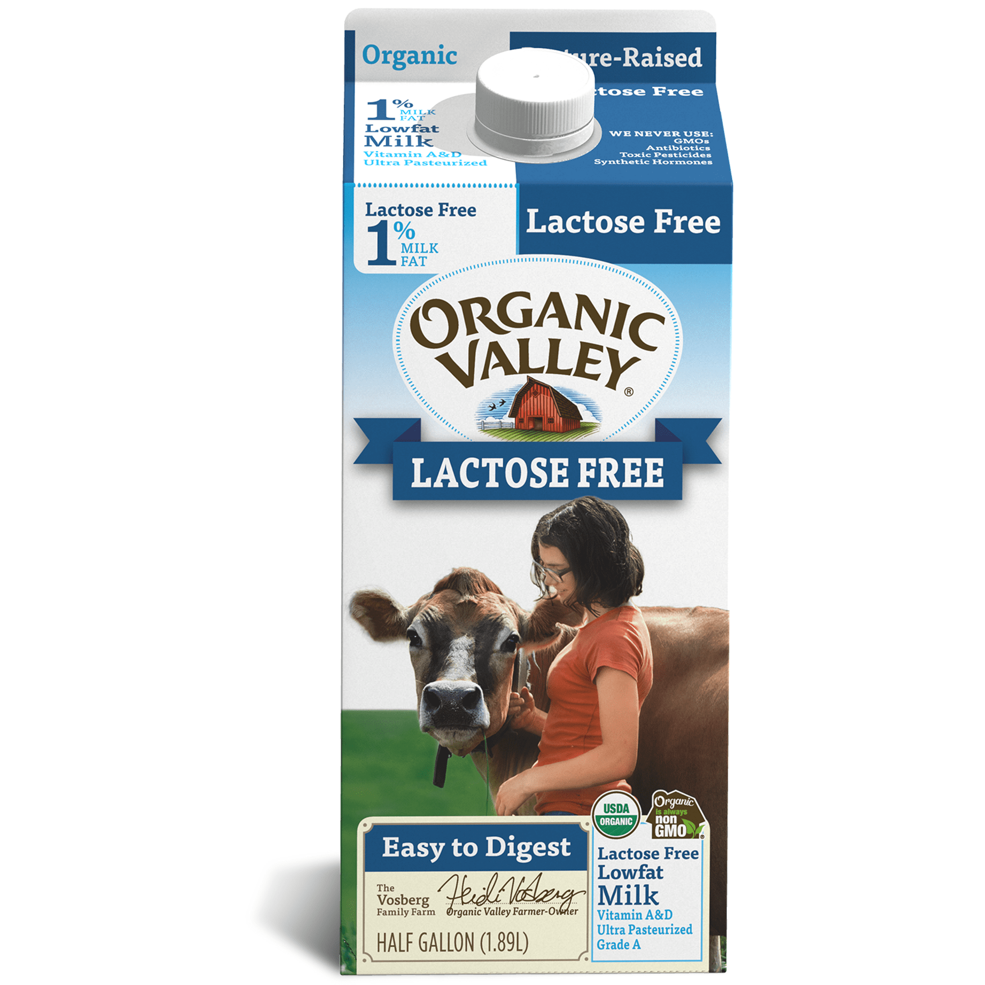 Organic Valley Ultra Pasteurized Lowfat Organic 1% Lactose Free Milk, 64 oz Half Gallon